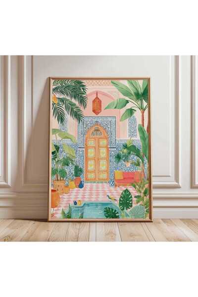NinaStore Fas Avlusu Posteri - Boho Tropikal Duvar Sanatı - Egzotik Mimari Ba...