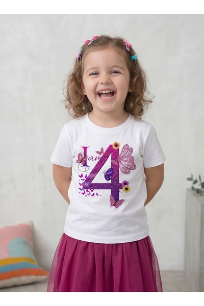 Funkaar Birthday Girl, 4th Year Butterfly Birthday Graphic Print T-Shirt