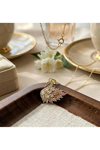 staınless steel Gold Color Pink White Zircon Stone Swan Model Tarnish-Resista...