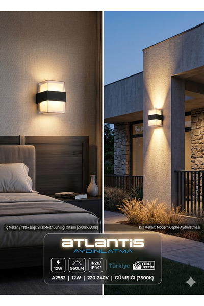 Atlantis Bora Küp Led Duvar Aplik Armatür 12w 3500K Günışığı IP44 Çift Yönlü ...