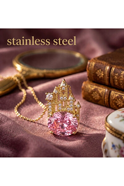 stainless steell قلادة من الفولاذ المقاوم للصدأ بلون ذهبي وحجر وردي كبير على ...