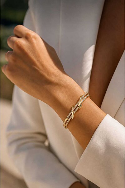 Evaa Jewelry Accessories Zirkon Taşlı Yılan Model Altın Kaplama Kelepçe Bileklik