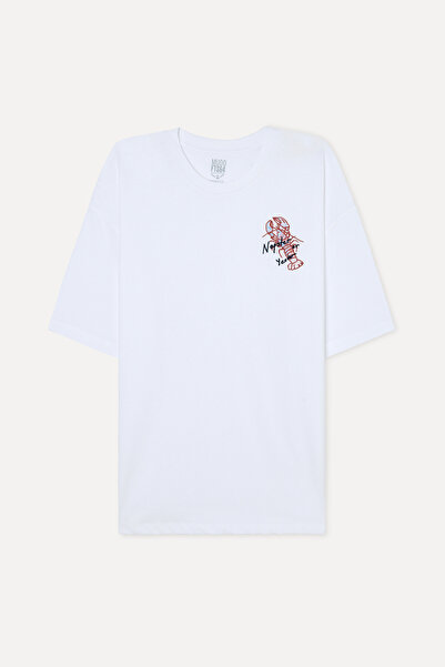 Mudo Men's White Printed Oversize Crew Neck T-Shirt