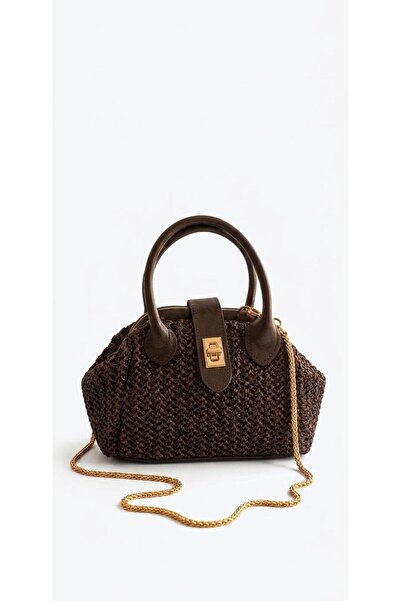 VİENCA Dark Brown Knitted Hand and Shoulder Bag - Locking Bag with Leather Ha...