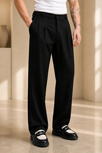 Men's Classic Fabric Pants Pleated Wide Leg Comfortable Cut Stylish Office Daily Use