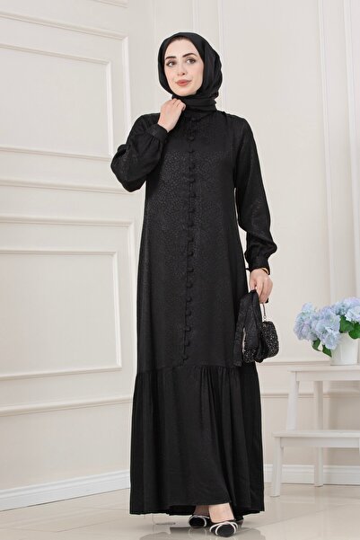 Sevitli Jacquard Patterned Buttoned Evening Dress-Black