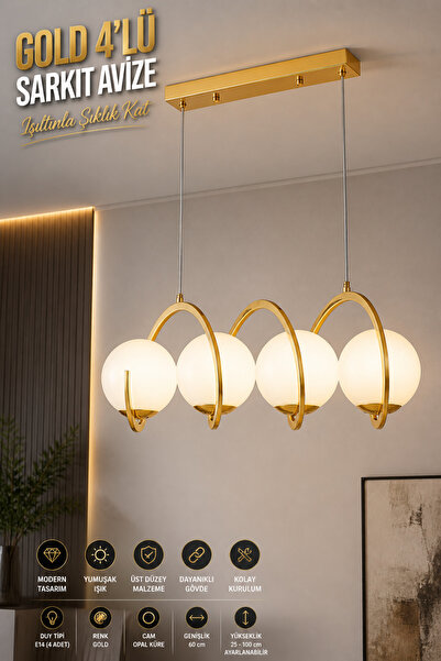 Elvora Home Modern (PREMİUM) Gold 4lü Sarkıt Avize Cam Küreli Şık Tasarım Sal...