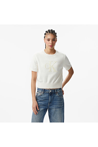 Calvin Klein Chunky Cotton Graphic Vest Kadın Beyaz Triko