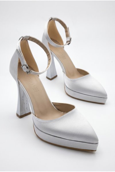 Redoxy Women's Special Design Pointed Toe Platform Heeled Silver Satin Evening Dress Shoes, Wedding Dress Shoes