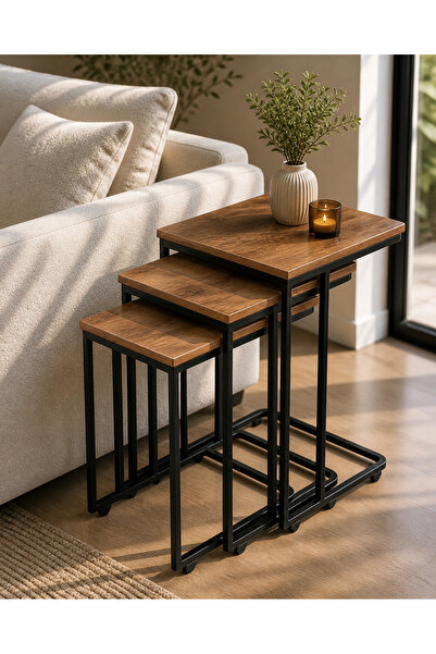 EFLORA DESIGN Tekerlekli Zigon Sehpa 3’lü Set – Metal Ayaklı Ceviz Melamin Ka...