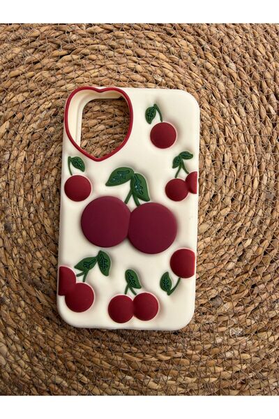 ŞANAETİCARET IPhone 16 ile uyumlu kabartmalı 3 boyutlu kiraz desenli kalp det...