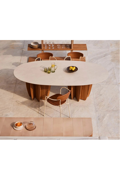 Sare trade LÜKS OVAL BAHÇE VE SALON YEMEK MASASI - 240 CM BEYAZ TABLALI AHŞAP...