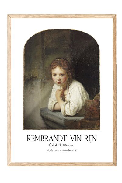 Postifull Rembrandt Vin Rijn - Devojka na prozoru, slika u drvenom okviru, um...