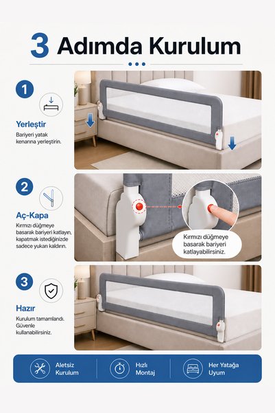 Wumboo 150 cm Bed Barrier - Safety Barrier Protective Barrier, Baby Barrier Large Size - Gray