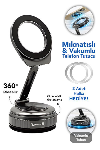 mimtec Manyetik Araç İçi Telefon Tutucu - 360 Dönebilen Vakumlu MagSafe Telef...