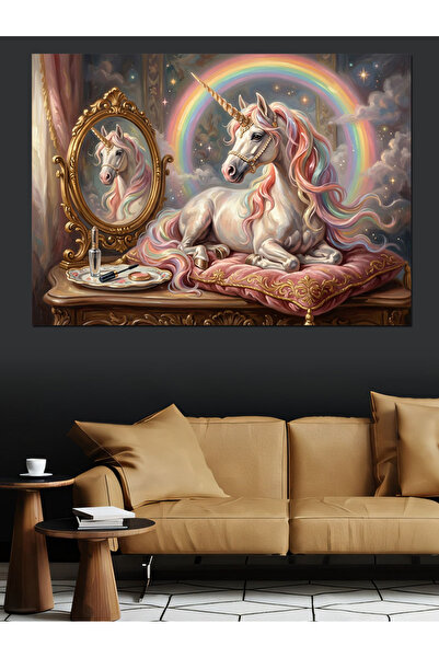 Artmeg Pânză decorativă cu ilustrație curcubeu și unicorn - Tablou din lemn MDF