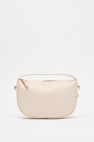 KADRİYE BAŞTÜRK Knitted Detailed Leather Baguette Bag Ecru