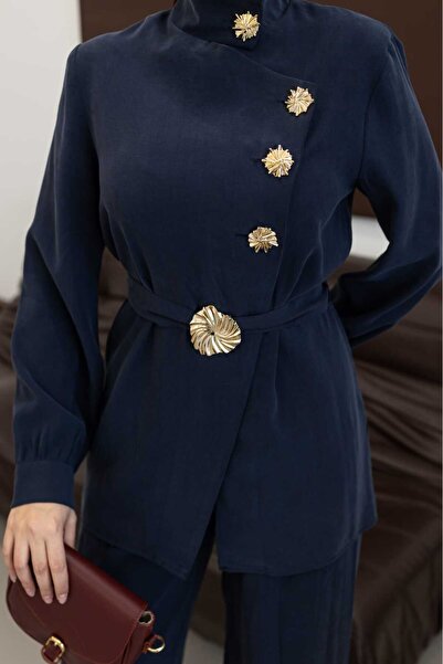 MYSUİT GOLD DÜGME DETAYLI KEMERLİ TENCEL CEKET PANTOLON TAKIM