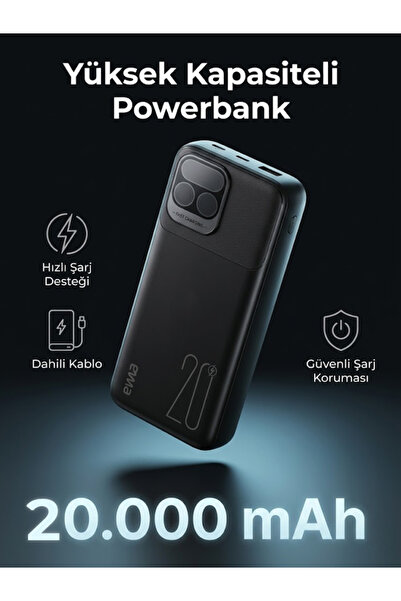 ERDİNEKS 20.000 mAh 22.5W Hızlı Şarj Powerbank - Kendinden Kablolu (Type-C & ...