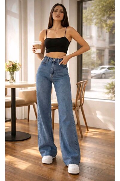 SAPAKTEKS Mavikaryıkama Lycra Super High Waist Loose Paca Denim Palazzo Jeans