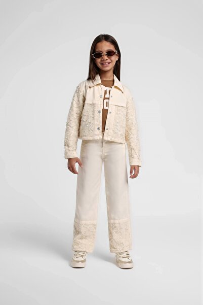 Escabel Kız Çocuk 4-14 Yaş Çiçek Motifli Yumuşak Denim Ceket Krem