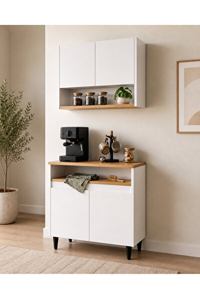 ENG AHŞAP MDF Kahve Köşesi Dolabı Beyaz - Safir Meşe