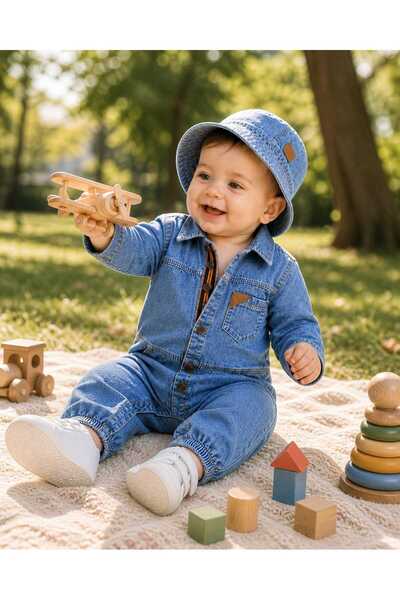 CROCODAYS Unisex Çocuk Bebek Kot (JEANS) Şapkalı Tulum (9/12/18/24) Ay