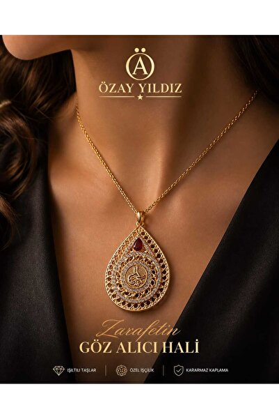 ÖZAY YILDIZ Kadın Gold Renk Osmanlı Tuğralı Ve Kırmızı Taşlı Damla Kolye
