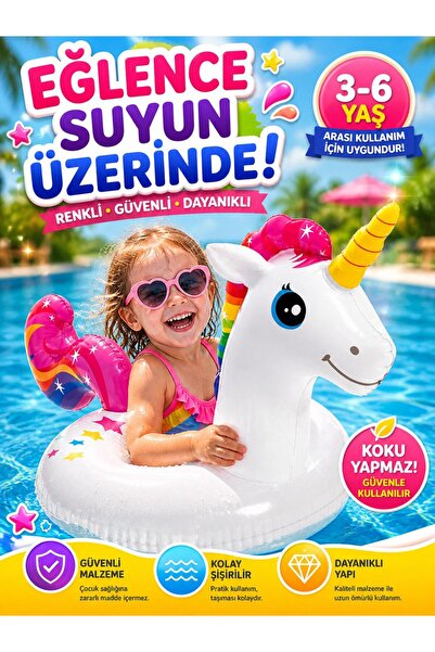 SAZE Şişme At Figürlü Çocuk Yüzme Simidi 3-6 Yaş Renkli Havuz Deniz Oyuncağı