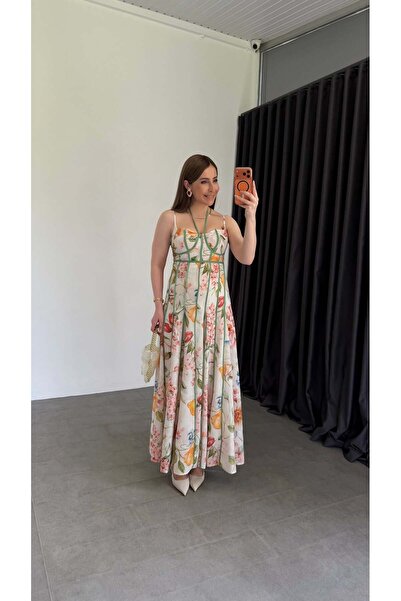elif teke Green Halter Neck Dress with Floral Pattern and Rope Straps, Ecru