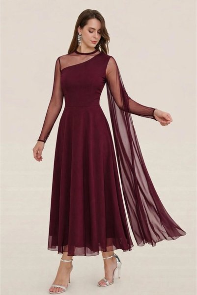 Generic Brand Women's Long Sleeve Semi-Turtleneck Tulle Detailed Long Sandy Dress
