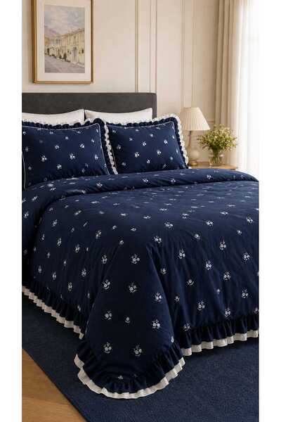 İK TEKSTİL Elora 100% Cotton Double Color Ruffled and Floral Embroidered 6 Piece Double Luxury Duvet Cover Set