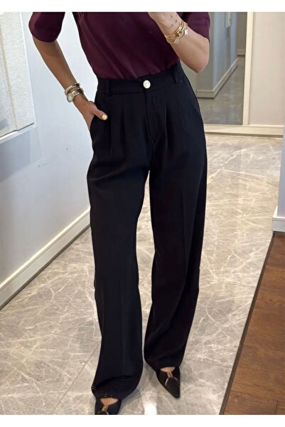 Niceboutique High Waist Pleated Gold Button Palazzo Trousers