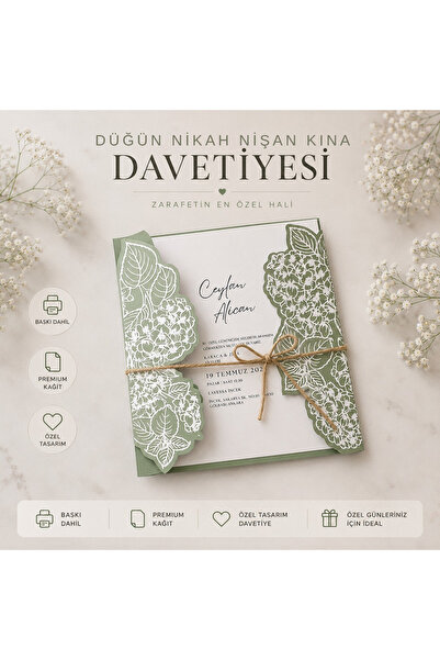 riva studio Özel Kesim Zarflı Lüks Davetiye 50 Adet | Baskı Dahil Premium Tas...