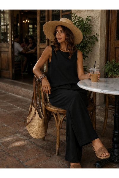 get crazy collection Linen Look Blouse & Elastic Waist Trousers Double Set