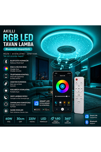 VELKAR Akıllı RGB Led Tavan Lamba Bluetooth Hoparlörlü Smart Life Uyumlu 60W