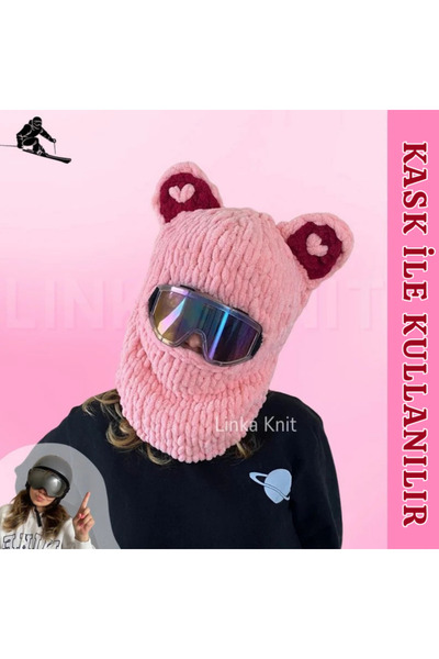 Linka Knit Unisex Kalp Kulaklı Ayıcık Kayak Maskesi, Kayak Maskesi, Kayak Kas...