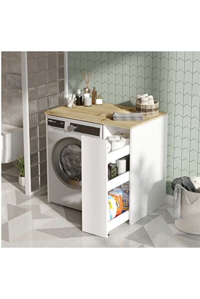 Gafhaus Handcrafted Çamaşır Makinesi Dolabı – Sürgülü Raflı Banyo Düzenleyici