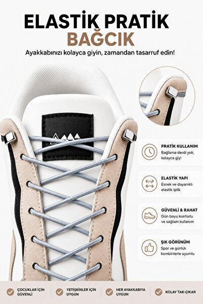 AiryFooT Yuvarlak Lastikli Klipsli Spor Ayakkabı Bağcığı 100 cm ( Açık Gri ) ...