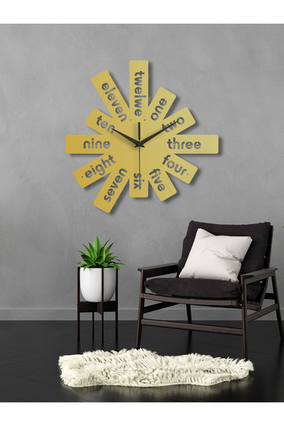 Enova Art İngilizce Yazılı Geometrik Metal Duvar Saati, Minimal Tasarım, Ev O...