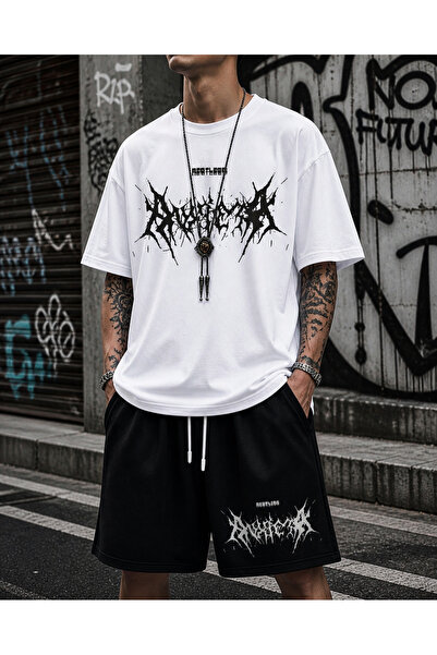 ship master Unisex White Oversize Graffiti Text Printed 100% Cotton T-Shirt