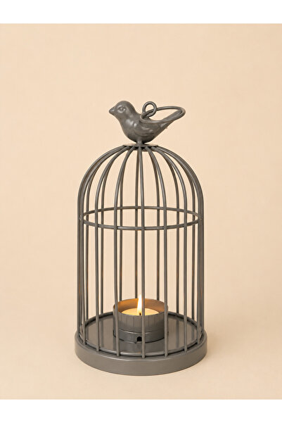 Atak Hediyelik Dekoratif kafes kuşlu metal mumluk gri 22x11 cm