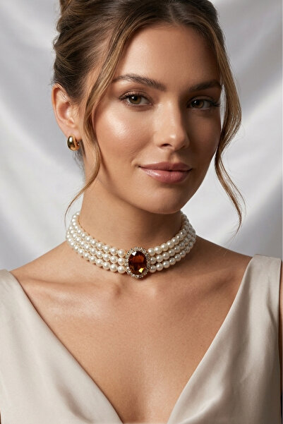 Happyline Oval Kahve Taşlı Cam İncili Choker Kolye, Tasma Kolye, Gold Kaplama...
