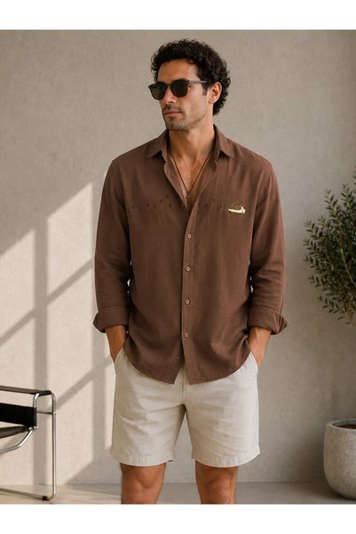 FıttingRoom Oversize Embroidery Detailed Cotton Woven Brown Shirt