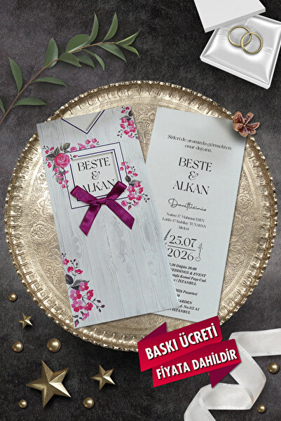 Cem Davetiye Düğün Nişan Nikah Kına Davetiyesi 3432 (100 ADET) Baskı Dahil