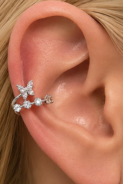 TAKIŞTIR Gümüş Renk Kelebek Figürlü Taş Detaylı Ear Cuff (Tek)