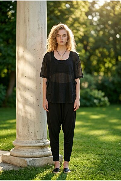 Aslı Natural Collection Örme Triko Üstten Cepli Tunik Siyah