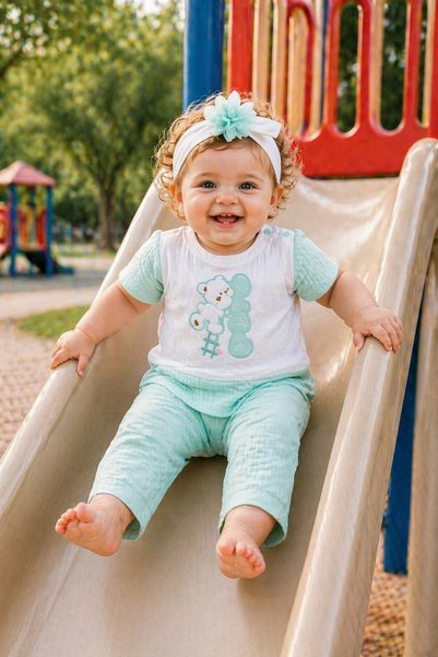 METEOR BABY Baby Girl 3-Piece Set Teddy Bear Embroidered Bandana Top and Bottom Set 0 3 6 9 Months