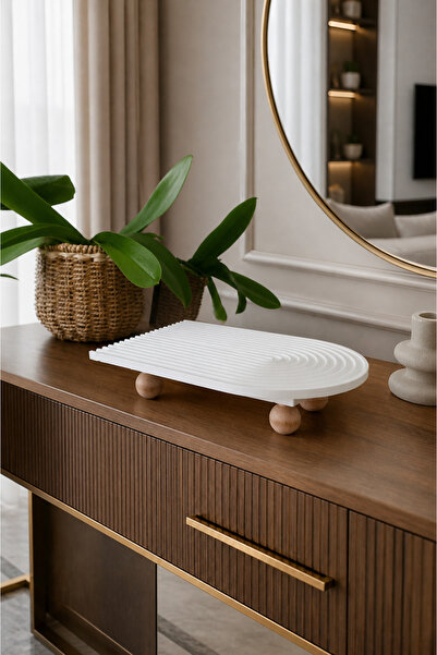 lufen deco Marble Patterned Concrete Presentation Tray with Wooden Legs and O...