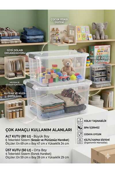biedda Mega 2’li Saklama Kutusu Seti 80 LT ve 50 LT Kilitli Kapaklı Tekerlekl...